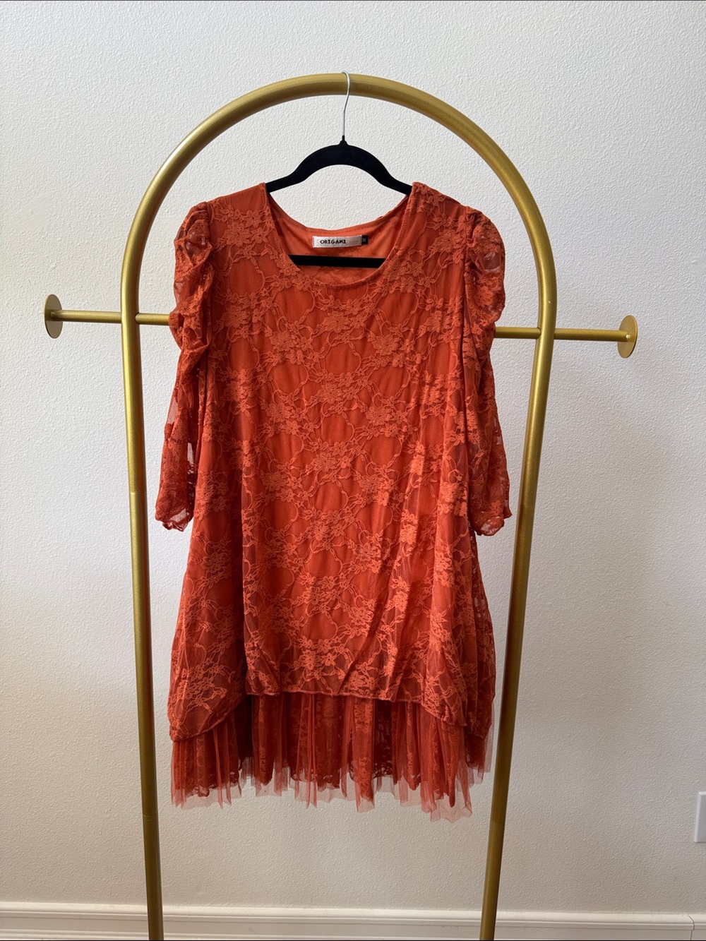 Orla Kiely Burnt Orange Lace Midi Dress with Tulle Hem